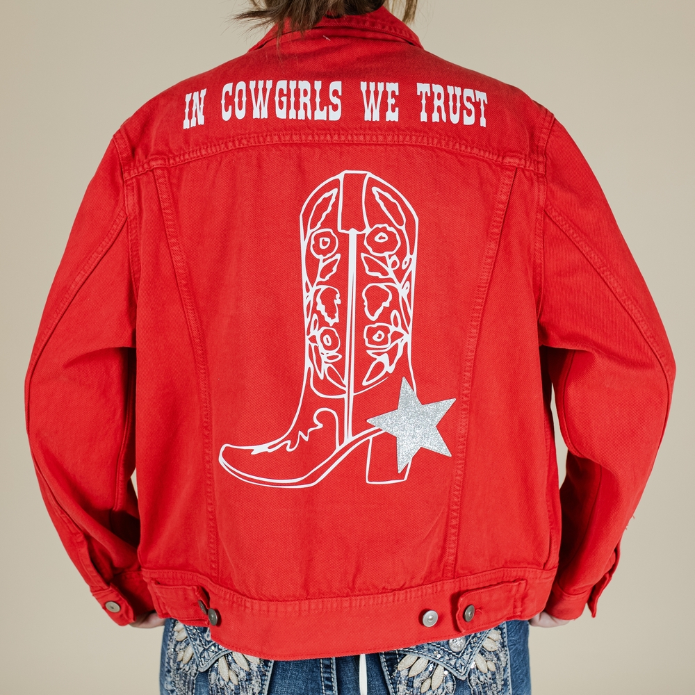 Upcycled Red Denim Jacket with Western Print
